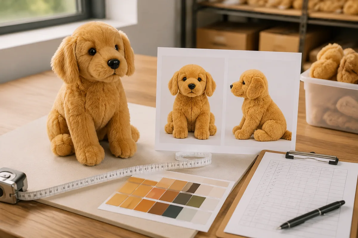 Gouden sample van huisdierspeelgoed naast de hoofdafbeelding van de Amazon-listing, met checklist voor kleur en maat