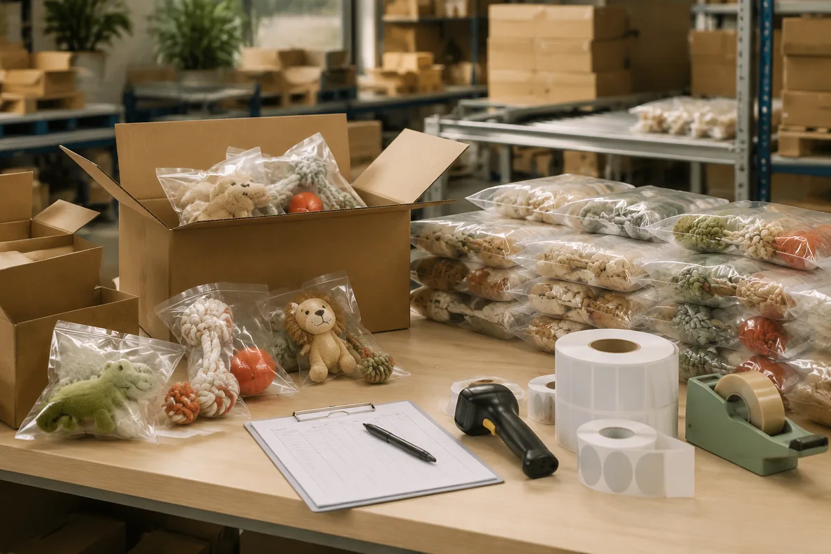 Pack-outstation voor Amazon FBA-huisdierspeelgoed met polybags, FNSKU-labels en kartonmarkeringen klaar voor inbound