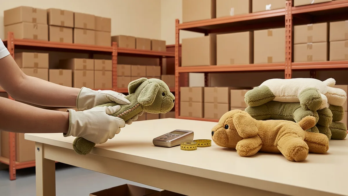 QC-trektest in de fabriek op een naad van een pluche hondenspeeltje naast een goedgekeurd golden sample