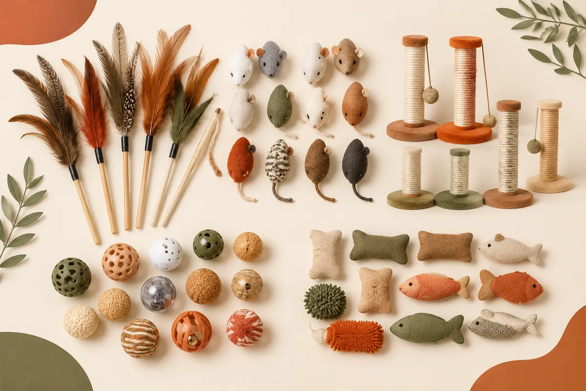 Assortiment groothandel kattenspeelgoed uitgestald per categorie, waaronder verenstokken, pluche muizen, ballen en catnip-speeltjes voor bulkinkopers