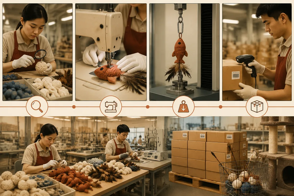 Fabrieksworkflow voor kwaliteitscontrole van kattenspeelgoed in bulk, inclusief materiaalcontroles, naadinspectie, trektesten en verpakkingscontrole