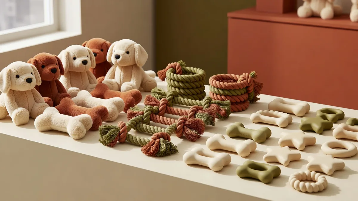 Assortiment puppy-speelgoed in bulk met zachte pluche, touw en lichte rubberen lichamen op een warm crèmekleurig samplingbureau