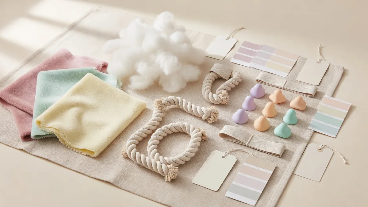 Materialenflatlay voor puppy-speelgoed in bulk: zacht pluche, fiberfill, katoenen touw, zacht TPR-doorkomstuk, geweven labels en kleurkaarten