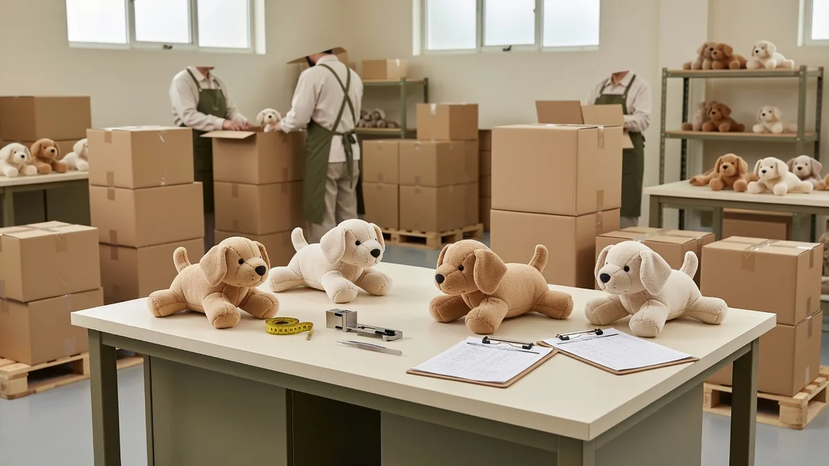 QC-bank voor puppy-speelgoed in bulk: naadtrektest, controle van zacht materiaal en pack-out van exportdozen