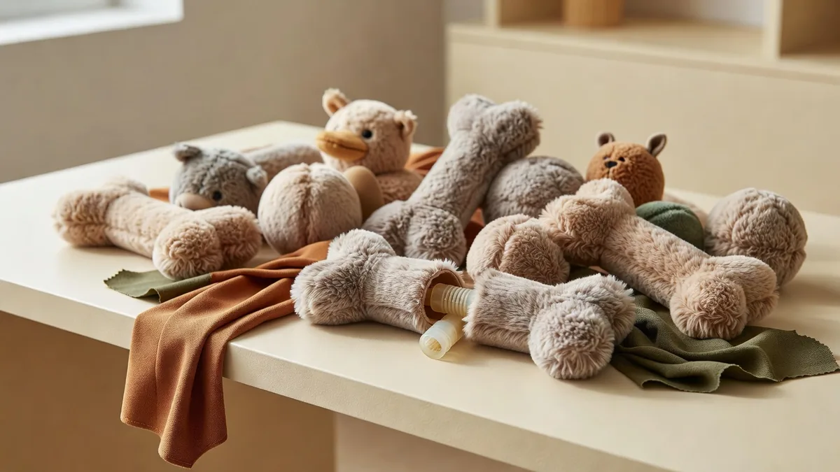Assortiment piepende hondenspeeltjes in bulk met pluche lichamen en zichtbare pieperinzetstukken op een warm crèmekleurig samplingbureau