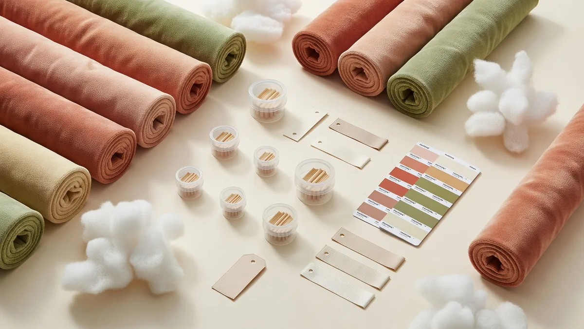 Materialenflatlay van piepspeelgoed in bulk: pluche stof, fiberfill, plastic rietpiepers, geweven labels, hangtags en kleurkaarten