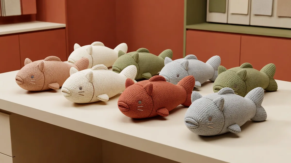 Assortiment gebreide kattenviskussen knuffels in crème, terracotta, olijf en grijs op een warme crème samplingtafel voor groothandelinkopers