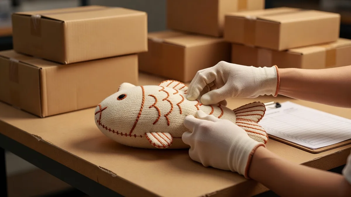 Kwaliteitscontroleur controleert naadsterkte en breisteekintegriteit van een gebreid kattenviskussen knuffel aan een fabrieks-QC-tafel