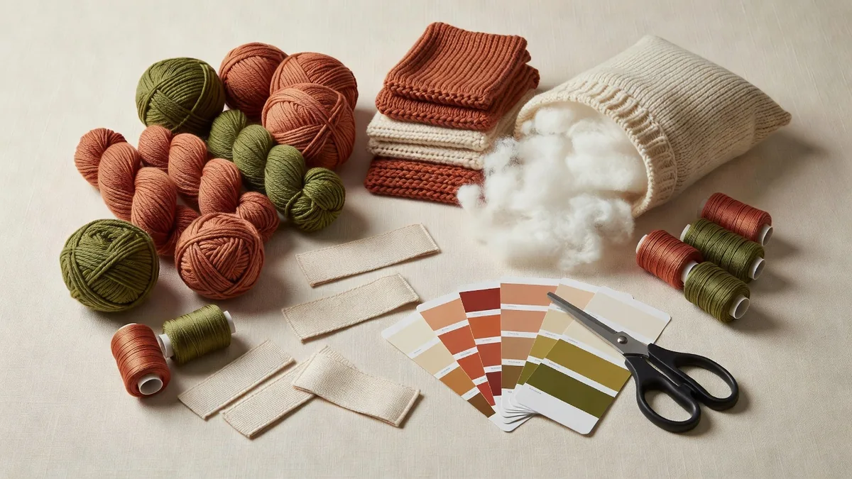 Garenskeins, breiswatches, fiberfill, borduurgaren, geweven labels en kleurkaarten voor productie van gebreide kattenviskussen knuffels