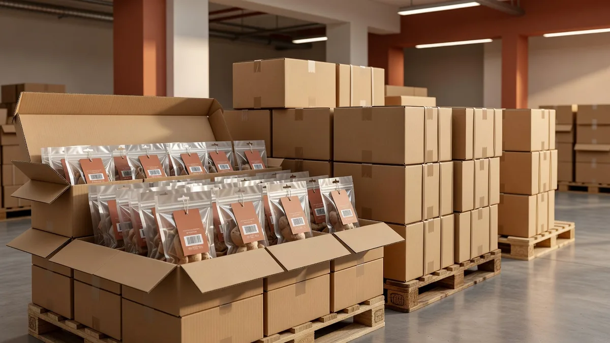 Export-pack-out van kattenspeelgoed in polybags met hangtags in open masterdozen op een magazijnpallet