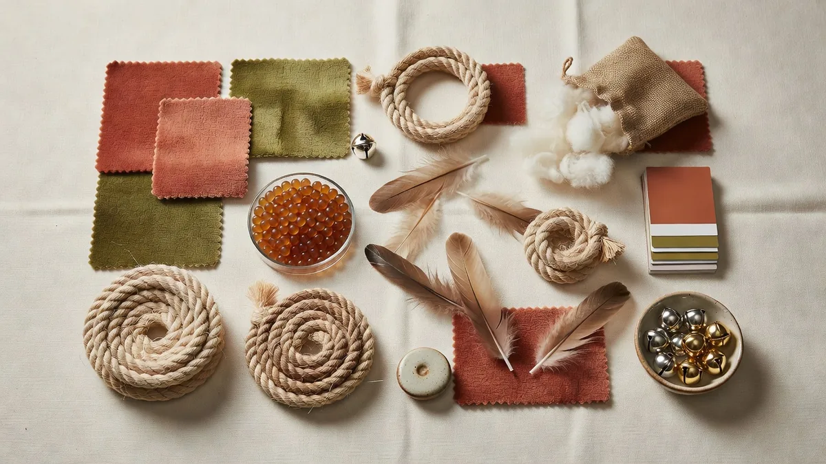 Assortiment groothandel kattenspeelgoed op een samplingtafel, waaronder verenhengels, pluche muizen, sisalballen en TPR-rollers voor merkkopers