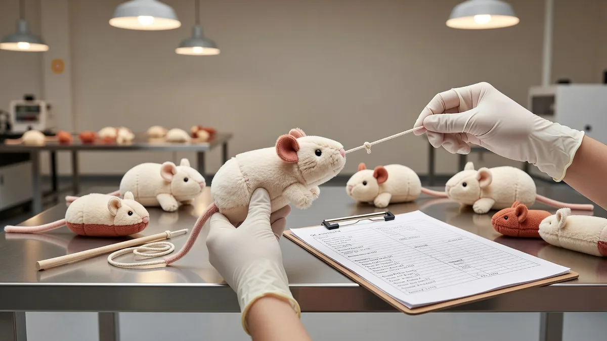 Kwaliteitscontroletafel in de fabriek voor kattenspeelgoed met naadtrektests en inspectie van hengelknopen vóór verzending