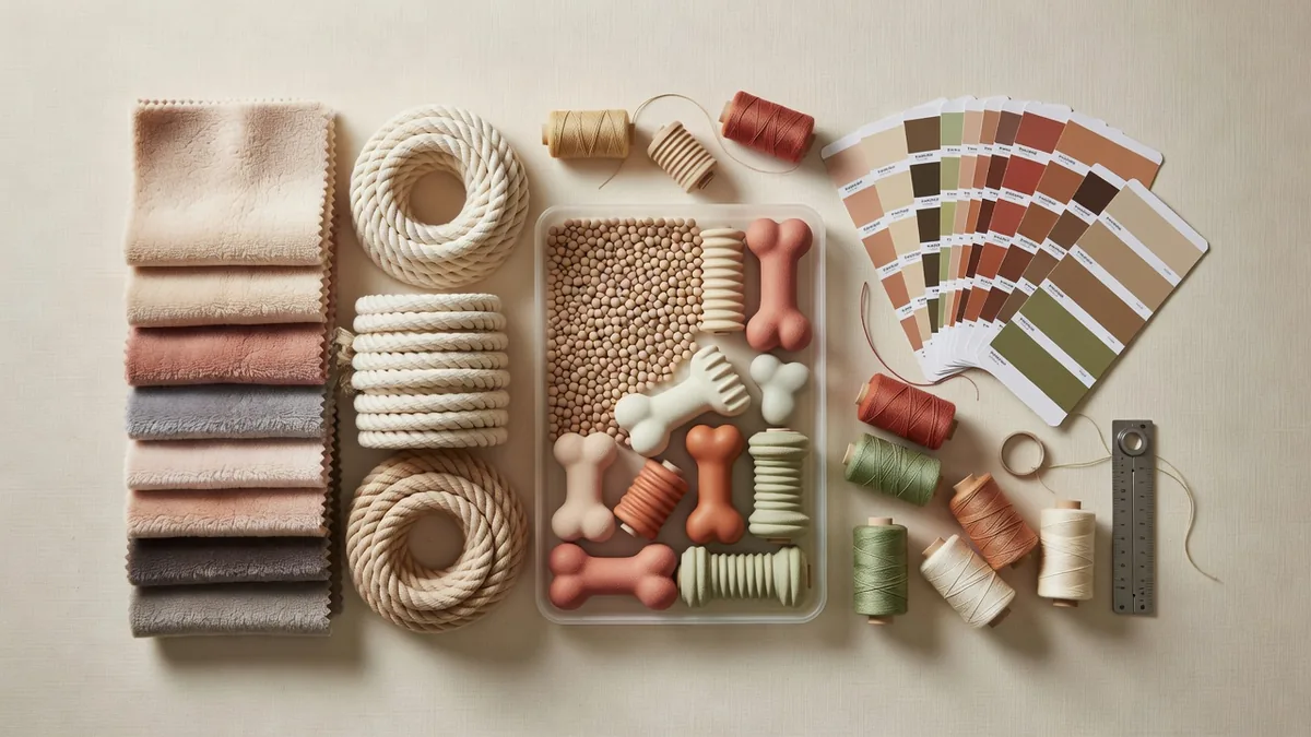 Materialen- en QC-flatlay voor sourcing bij een kleinbedrijfvriendelijke China-fabriek voor huisdierspeelgoed: stof, touw, TPR, kleurenkaarten