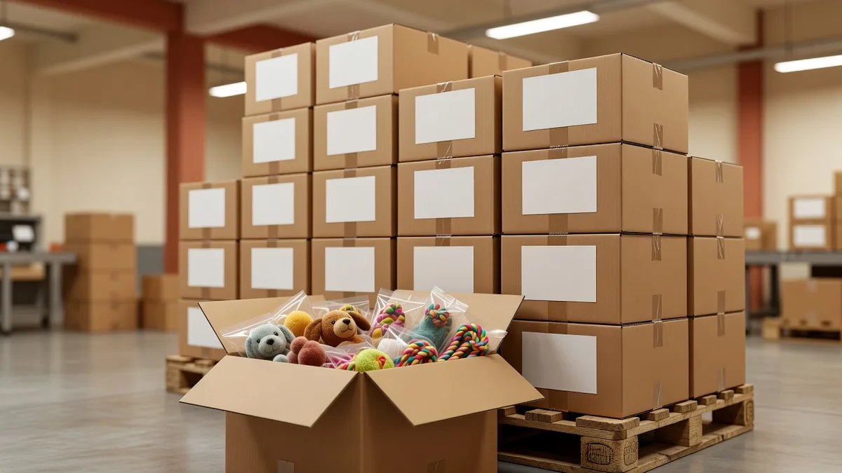 Export-pack-outcartons voor proeforders bij een kleinbedrijfvriendelijke China-fabriek voor huisdierspeelgoed, met labels voor gemengde SKU's