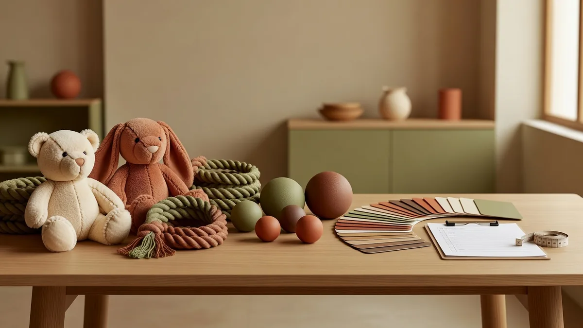 Samplingtafel van een kleinbedrijfvriendelijke China-fabriek voor huisdierspeelgoed, met pluche, touw en rubberen proef-SKU's voor kopers van eerste orders