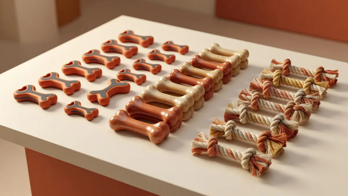Assortiment Classic Chew duurzame hondenspeeltjes op een warm crèmekleurig samplingbureau met TPR-botten, schuimballen en touw