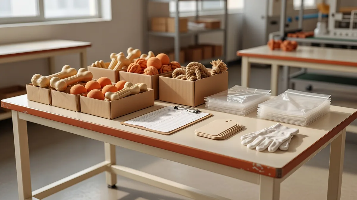 QC-pack-outtafel met gesorteerde Classic Chew duurzame hondenspeeltjes, polybags en blanco hangtags
