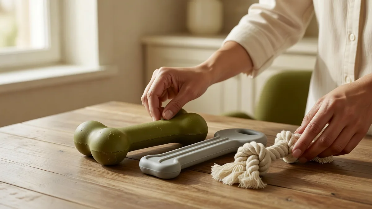 Groene gecoate botkauwen in drie maten op een warme crèmekleurige bemonsteringstafel