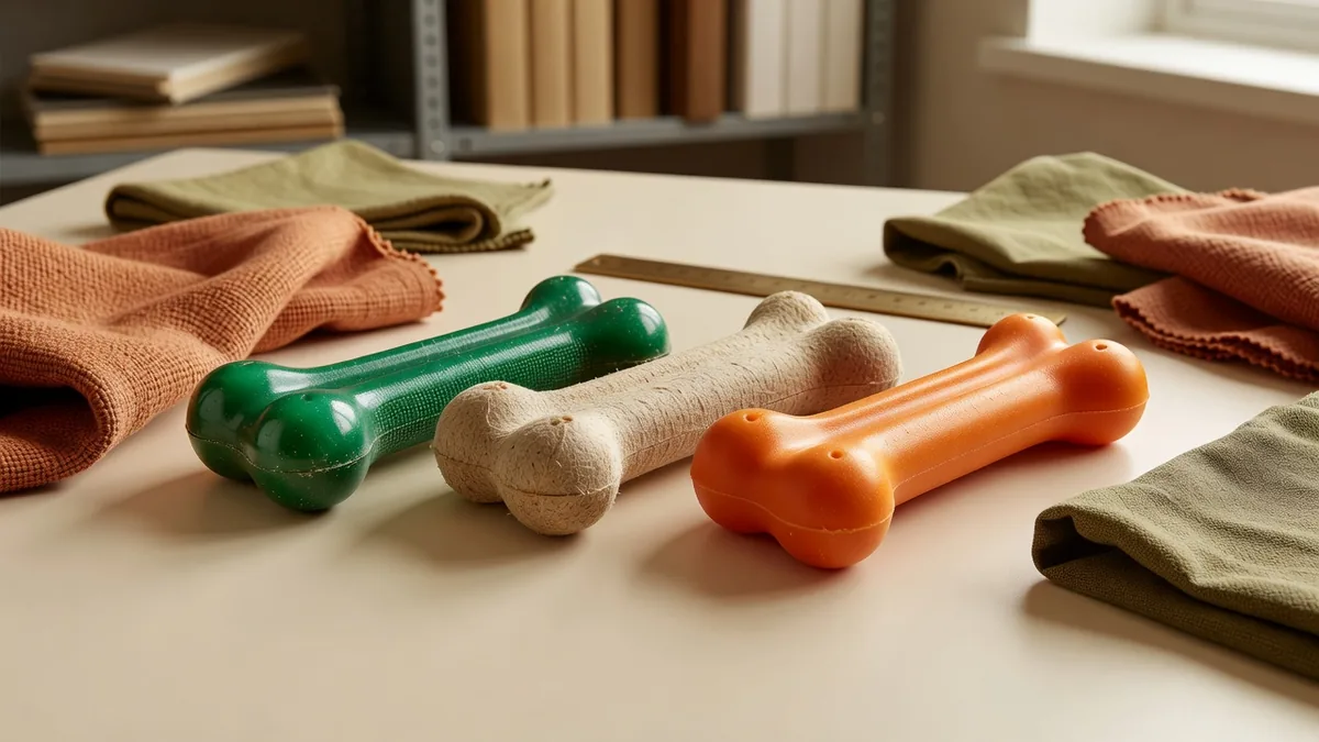 Groen gecoat bot, beige vezelbot en oranje echte botkauw vergeleken op een bemonsteringsbureau