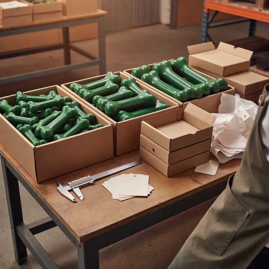 Uitpakbakken in de fabriek met drie maten groene gecoate hondenbotkauwen en kraft binnendozen