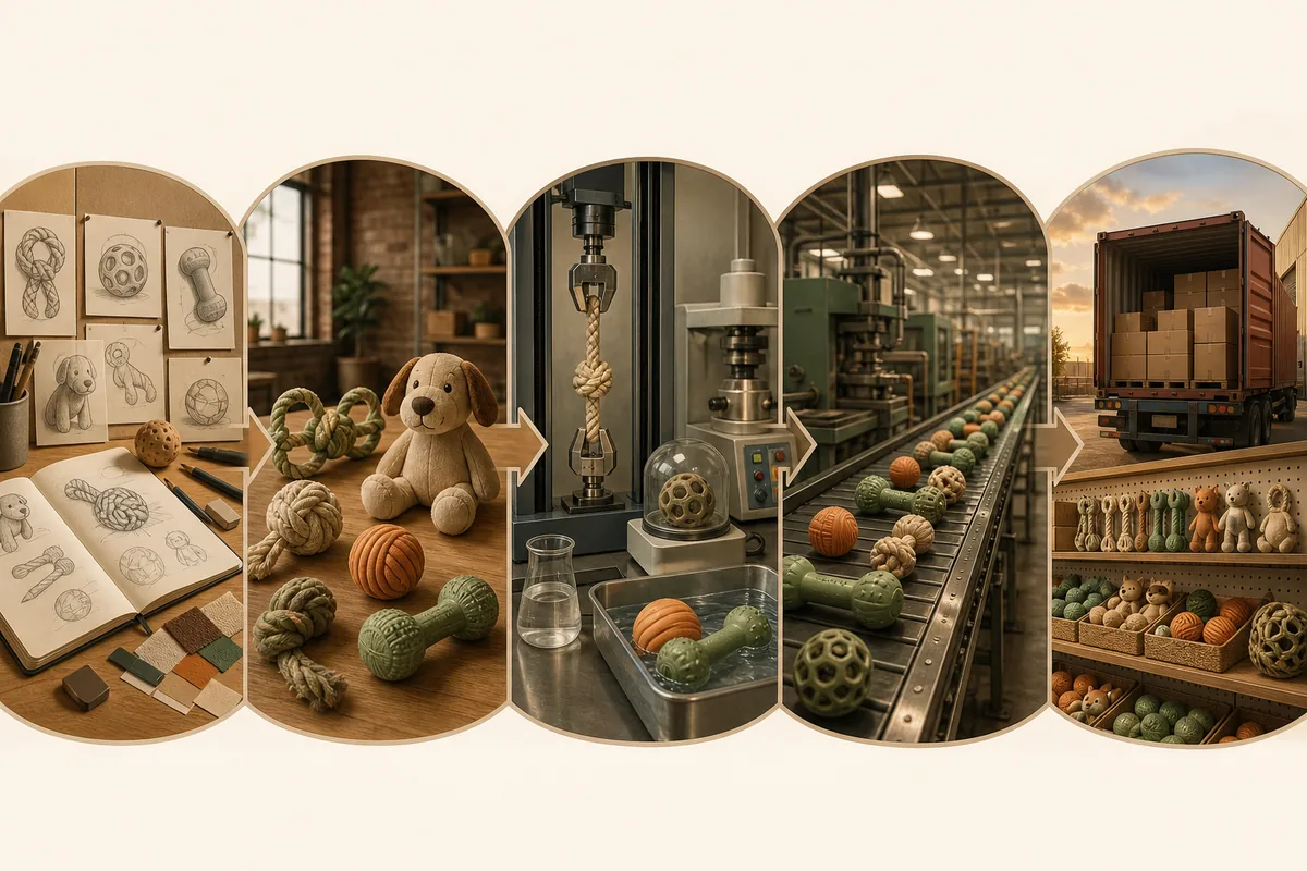Tijdlijn voor custom pet toy-ontwikkeling in vijf fasen: conceptschetsen → prototyping → labtesten → productielijn → verzending naar het retailschap