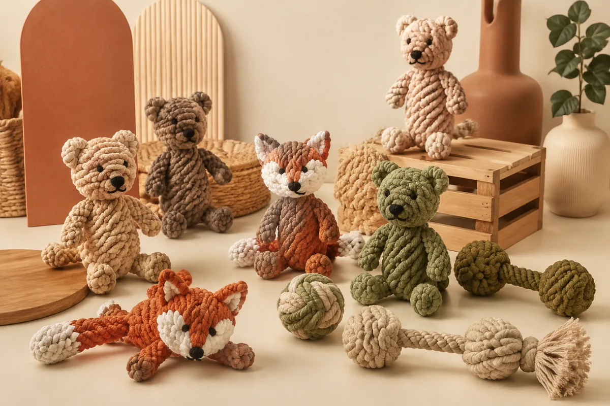 Assortiment katoenen touwspeeltjes in diervorm voor honden op een warm crèmekleurig bemonsteringsbureau met beer- en vosvormen voor OEM-kopers