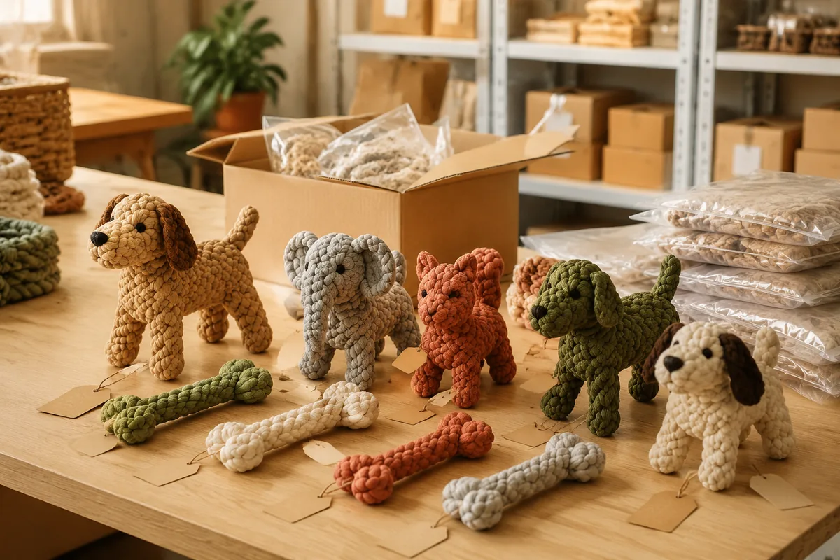 Bemonstering en MOQ-vergelijking van katoenen touwspeeltjes in diervorm voor honden met kleurstellingen en hangtags op de verpakkingstafel van de fabriek