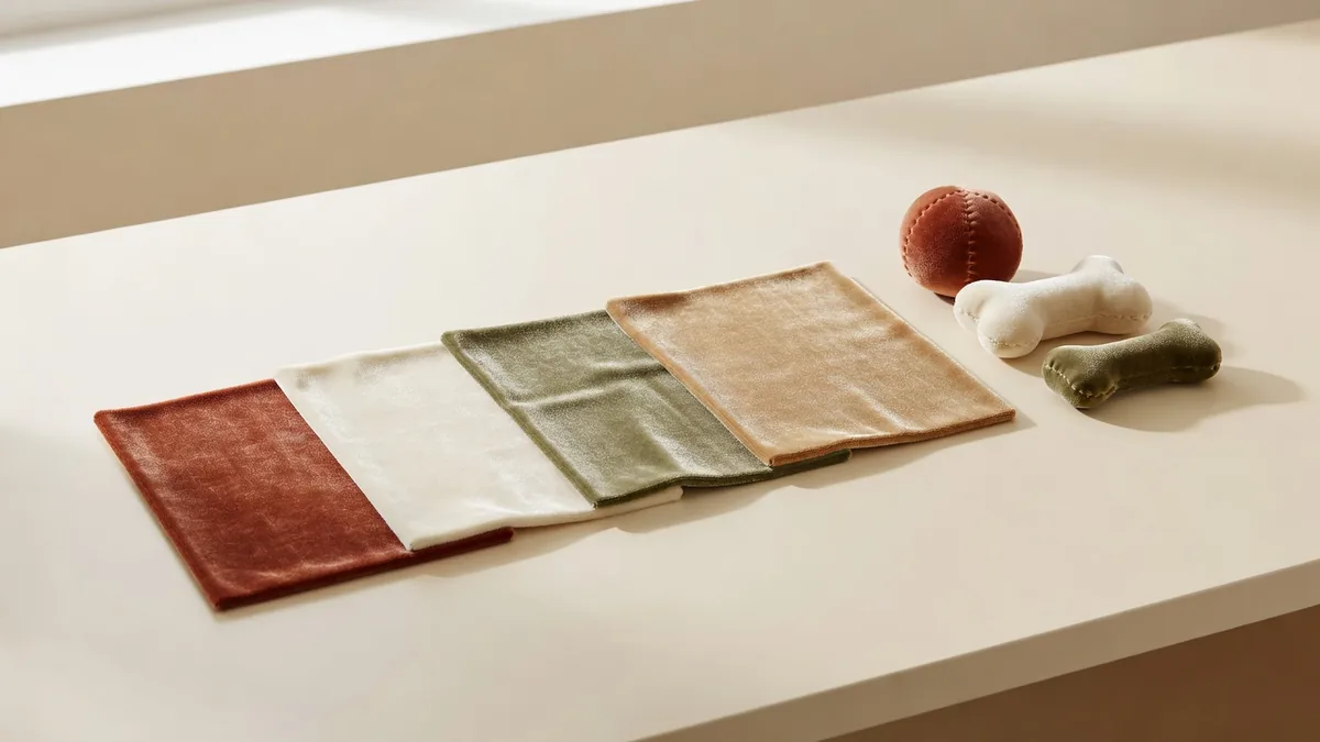 Stofstalen crystal velvet pluche hondenspeelgoed, monsters van poolrichting en afgewerkt private-label zacht speelgoed op een warm crèmekleurig samplingbureau