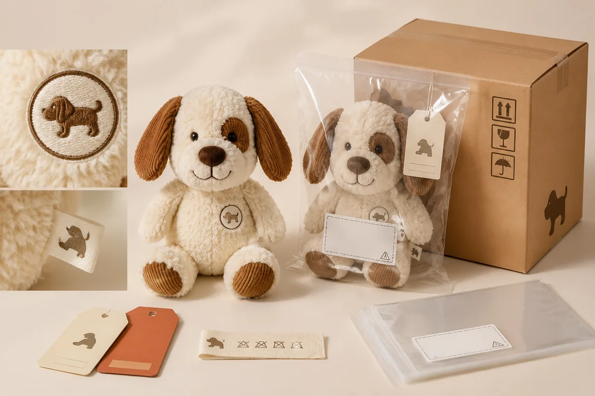 Branding en verpakking voor custom pluche huisdierspeelgoed OEM: borduurlogo, geweven waslabel, hangtag, polybag en export-mastercarton