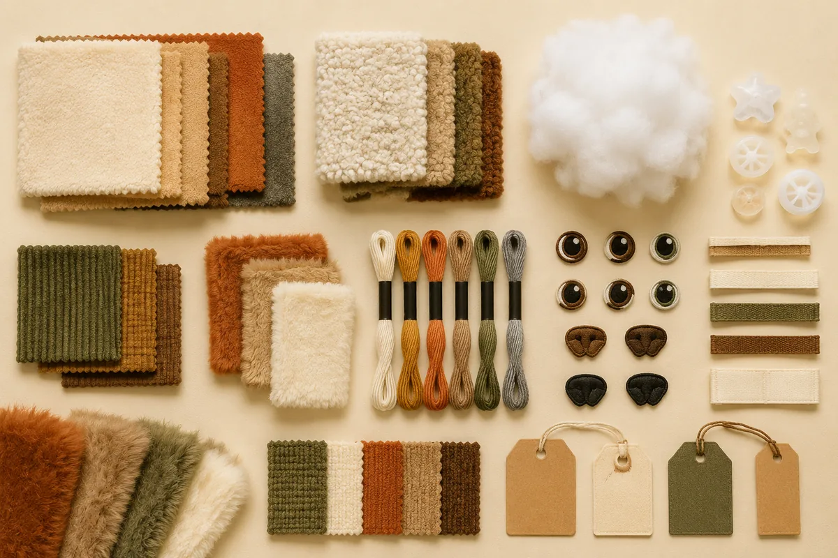Materialenflatlay voor custom pluche huisdierspeelgoed OEM: kortpolige stof, sherpa, fiberfill, borduurstalen, geweven labels en pieperopties