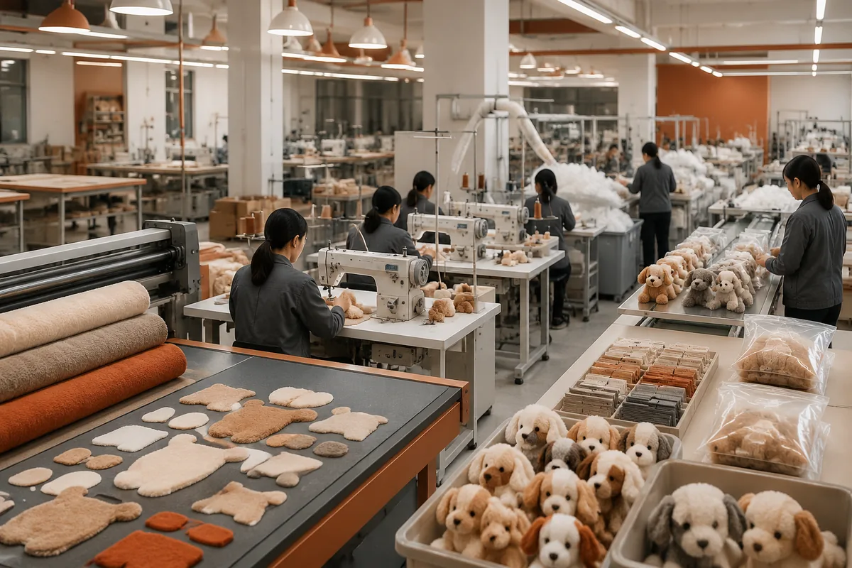OEM-productielijn voor pluche huisdierspeelgoed met snij-, naai-, vul- en labelstations in een fabriek in China