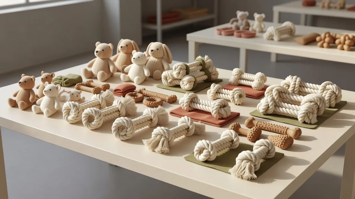 Assortiment discount dieren speelgoed groothandel op een sampletafel met value-pluche, touw en rubber-SKU’s voor B2B-inkopers