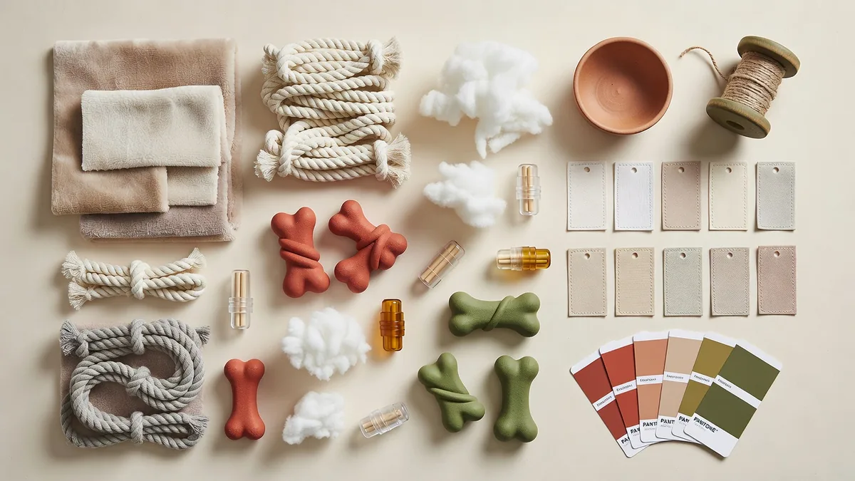 Materialen- en QC-flatlay voor discount dieren speelgoed groothandel: pluchestof, touw, TPR-samples, hangtags, kleurkaarten