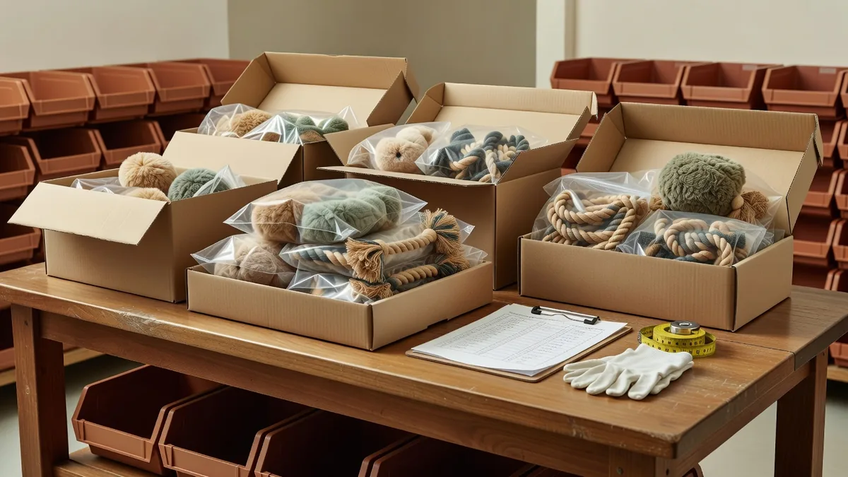 Fabrieks-QC en pack-outbank voor discount dieren speelgoed groothandel met dozen, AQL-checklist en value-assortiment