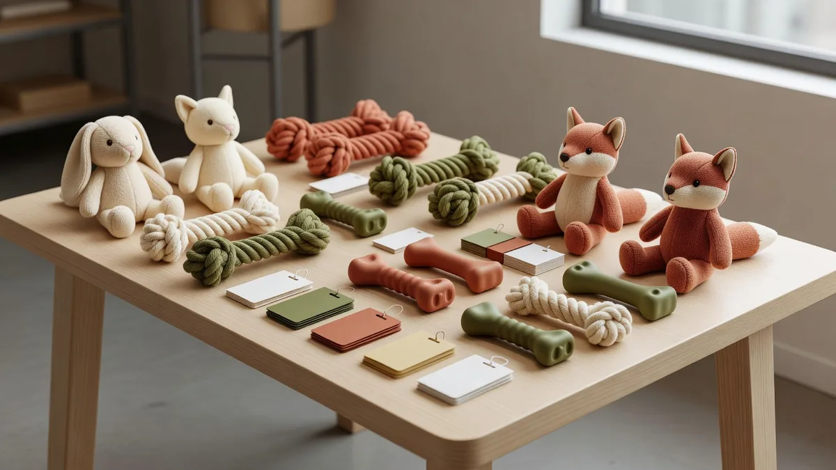 Assortiment hondenspeelgoed op een B2B-samplingtafel voor hondenspeelgoeddistributeurs die pluche, touw en rubberen SKU’s beoordelen