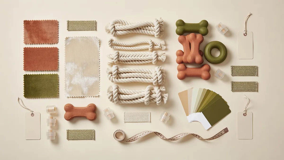 Materialen-flatlay voor RFQ’s van hondenspeelgoeddistributeurs: pluchestof, touw, TPR-samples, hangtags, kleurenkaarten
