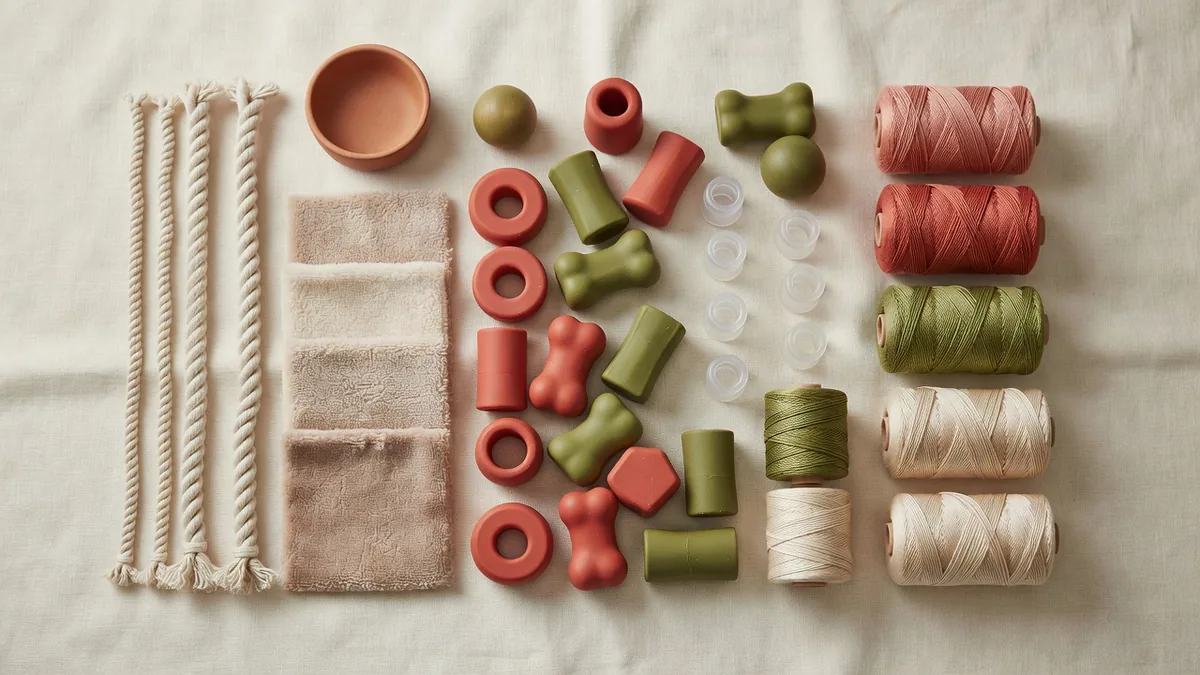 Materiaalflatlay voor hondenspeelgoed testen: pluche stof, katoenen touw, TPR-kauwstukken en pieperinzetstukken