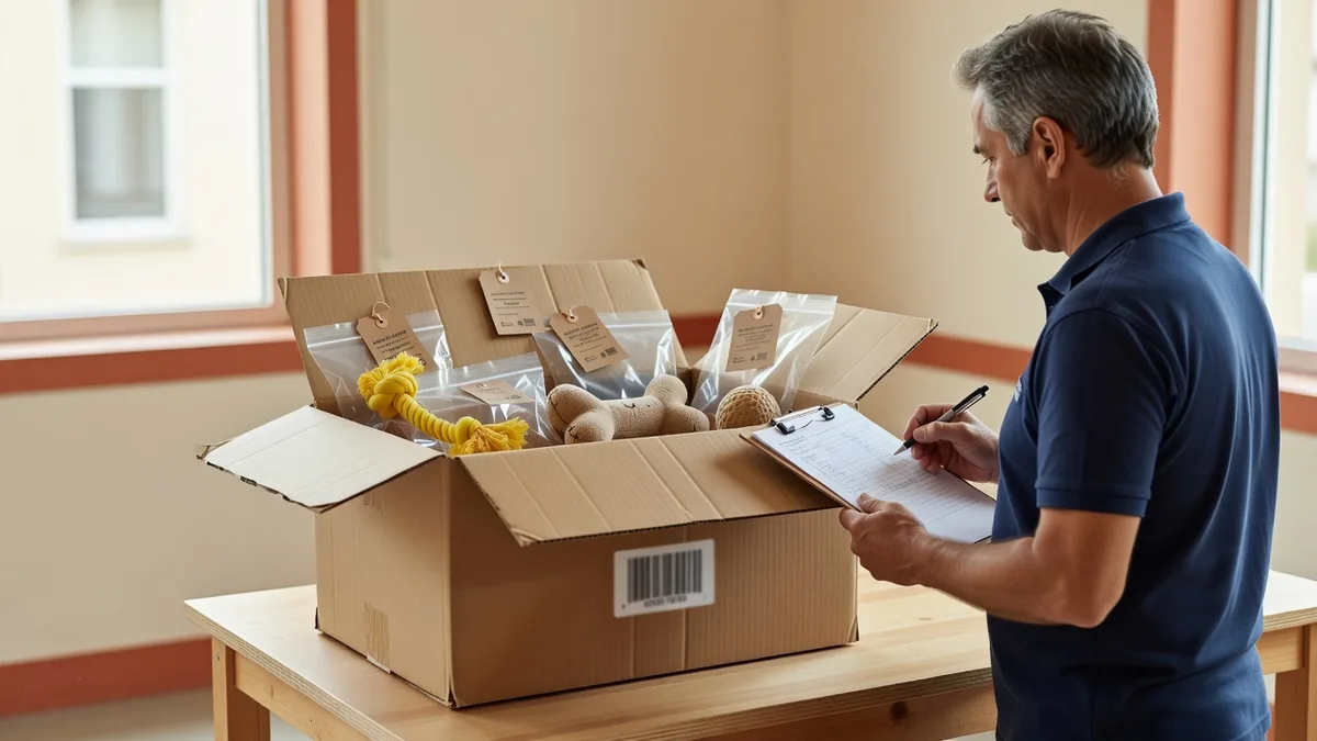 Pre-shipment pack-outinspectie voor hondenspeelgoed met polybag-eenheden en master carton
