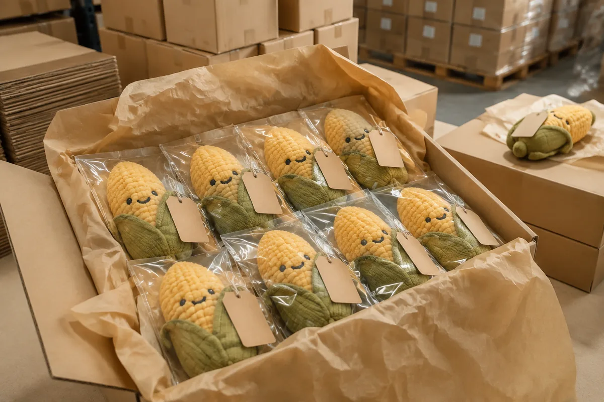 Exportverpakking van eco-maïsvezel pluche hondenspeelgoed met polybags en mastercartons voor groothandelsverzending