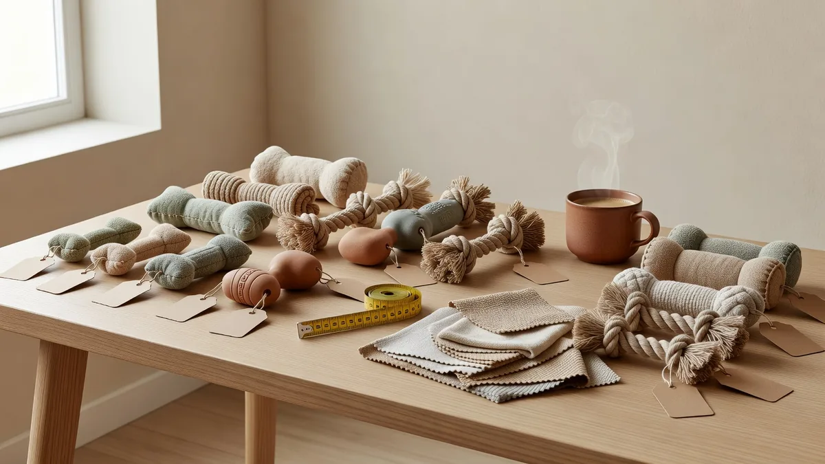 Assortiment eco-vriendelijke hondenspeeltjes op een B2B-samplingtafel voor groothandelsinkopers die pluche, touw en rubberen SKU’s beoordelen
