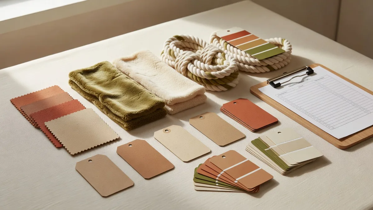 Materiaalflatlay voor RFQ’s van eco-vriendelijke hondenspeeltjes groothandel: natuurrubber, gerecyclede pluche, biologisch katoentouw, hangtags, kleurkaarten