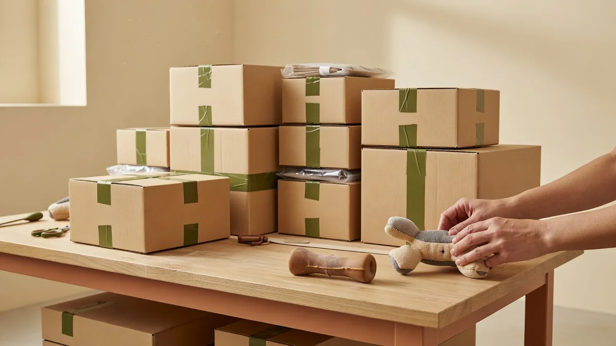 QC- en pack-outtafel voor eco-vriendelijke hondenspeeltjes groothandel met inspectiechecklist en mastercartons