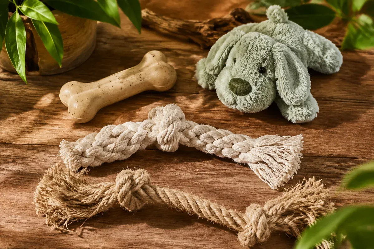 Vier milieuvriendelijke materialen voor huisdierspeeltjes: natuurrubber bot, gerecycled polyester pluche, biologisch katoenen touw en hennep trekspeeltje op een houten oppervlak