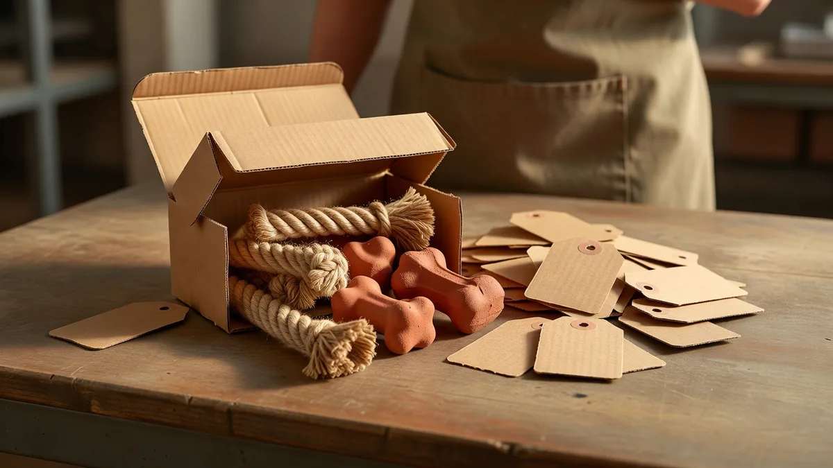 Bewaarde monsters van huisdierenspeelgoed en blanco kraftlabels op een inpaktafel voordat een EN71-partij wordt geboekt