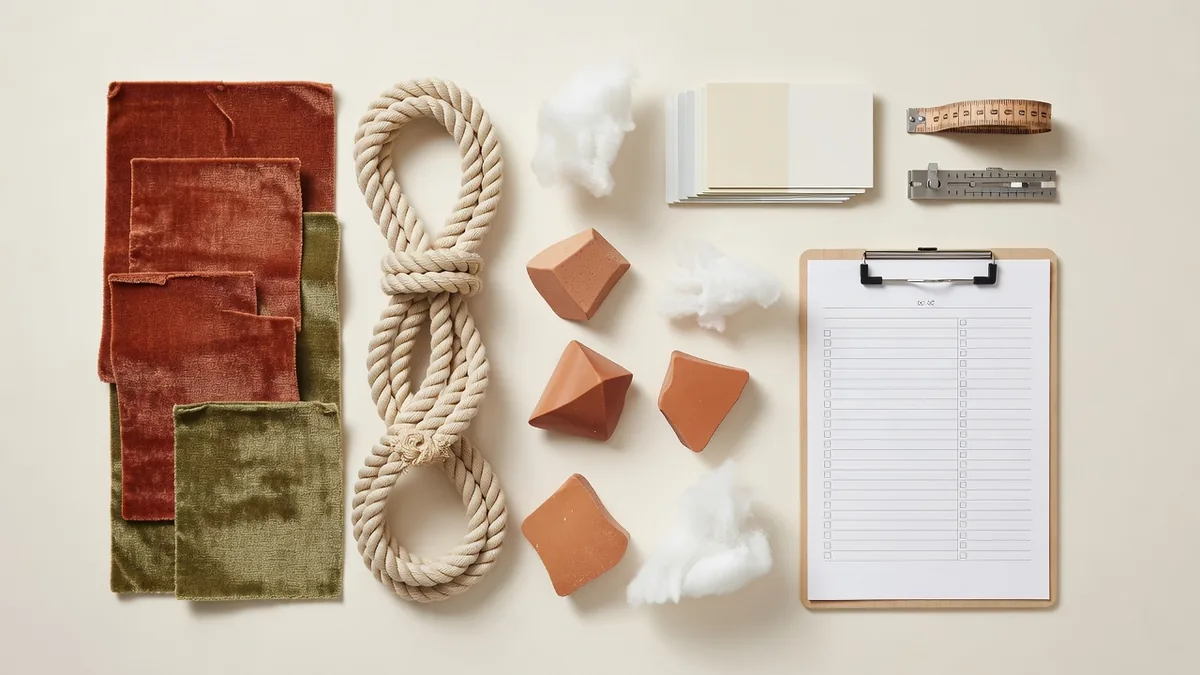 Materialen en QC-flatlay voor bulkprijzen van huisdierproducten rechtstreeks van de fabriek: pluche stof, touw, TPR-monsters, kleurkaarten