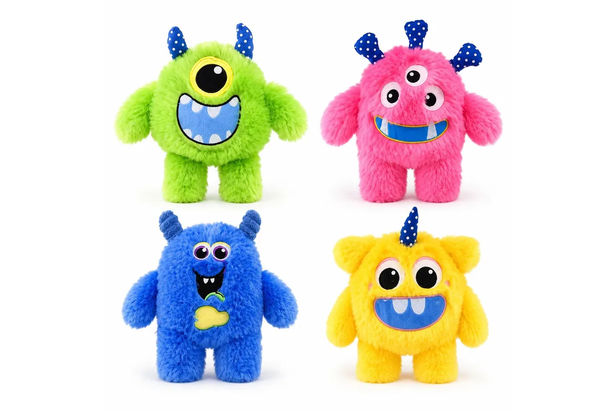 Monster-serie van kristalpluche, Studio Warmth, vier pluchemonsters op een witte achtergrond