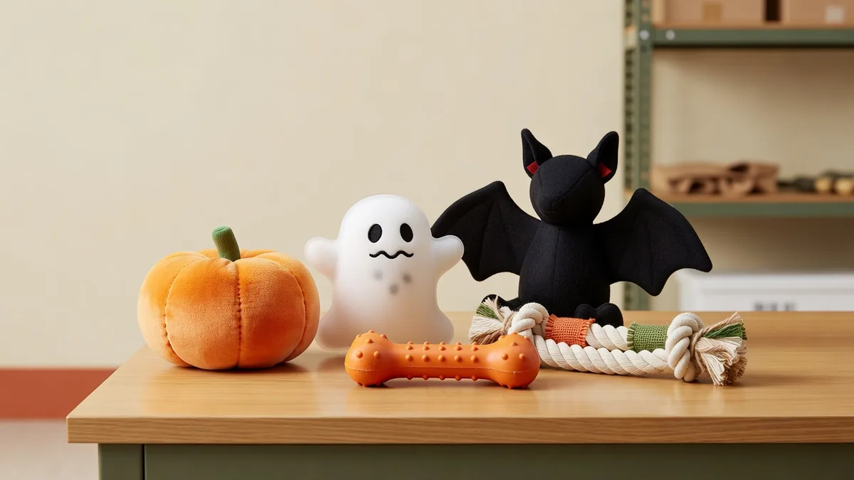 Assortiment Halloween-hondenspeelgoed op een B2B-sampletafel voor groothandelsinkopers die seizoenspluche en rubberen SKU's beoordelen