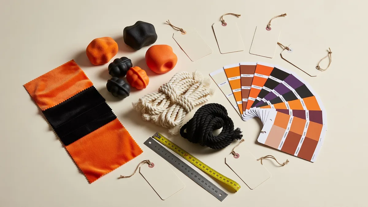 Materiaal- en kleurflatlay voor RFQ's van Halloween-hondenspeelgoed in de groothandel: oranje-zwart pluche, rubber, touw, hangtags, Pantone-kaarten