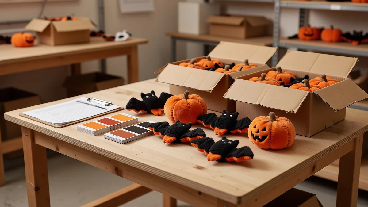QC- en pack-outtafel voor Halloween-hondenspeelgoed in de groothandel met inspectiechecklist, kleurkaarten en mastercartons