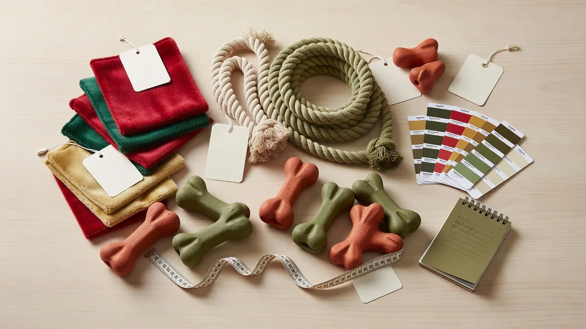 Materialen- en QC-flatlay voor bulk hondenspeelgoed voor de feestdagen: feestelijke pluchestof, touw, TPR-monsters, hangtags en kleurenkaarten